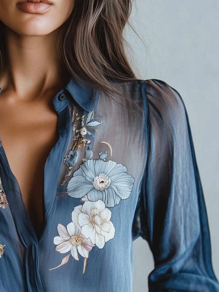 Stylish women's floral print blouse, a comfortable boho top for casual summer fashion.