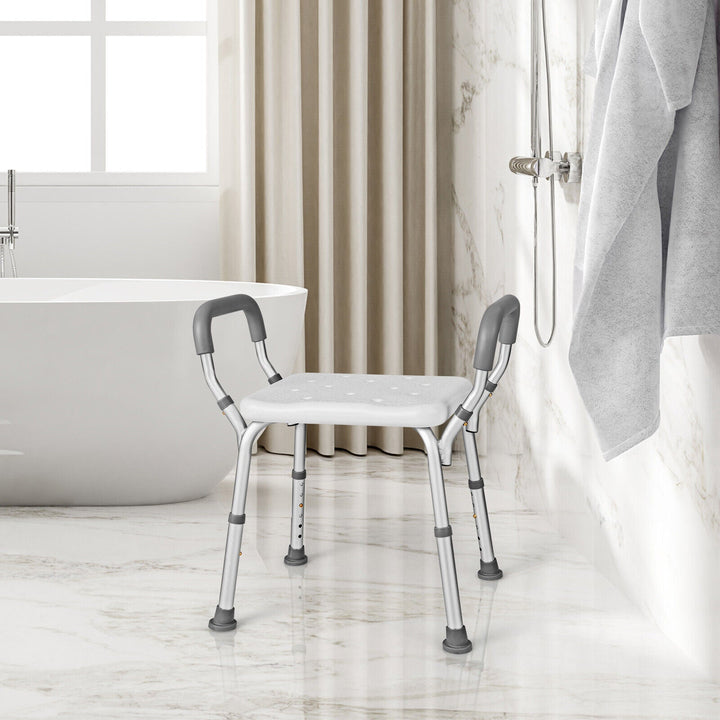 Height-adjustable shower chair with non-slip feet for safe, personalized bathing and mobility aid.