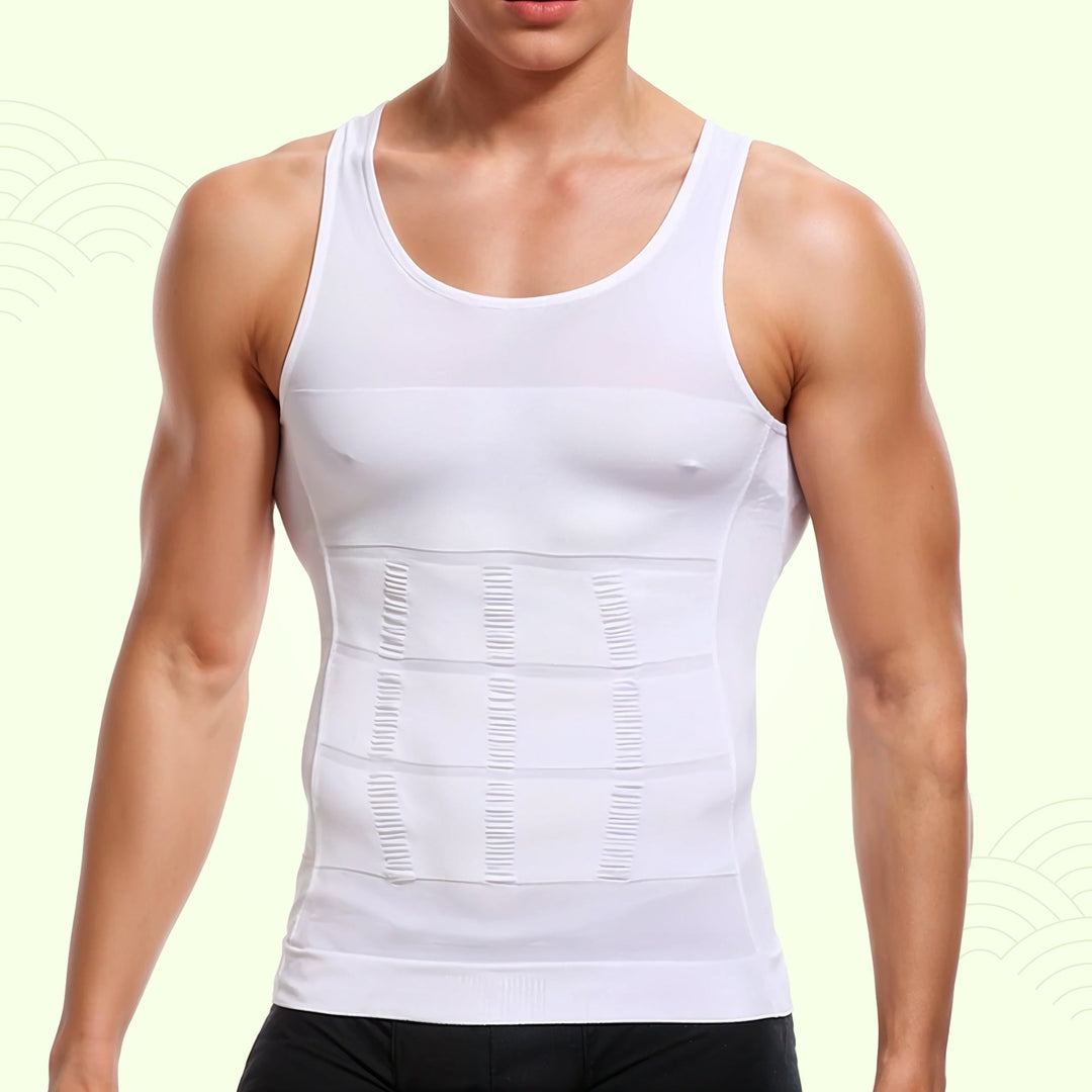 Men's body shaper compression undershirt provides posture support & a more toned look.