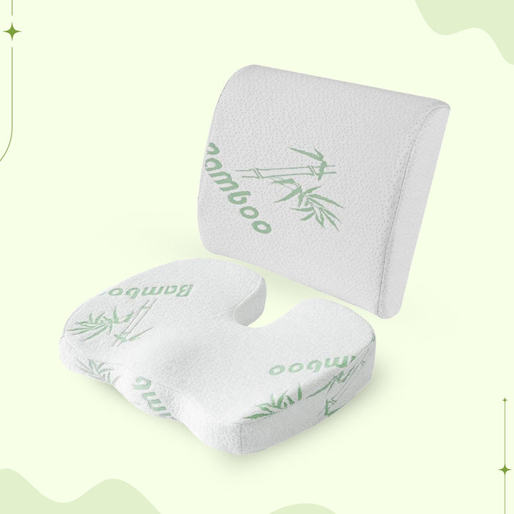 Memory foam seat & back support cushion with breathable, washable cover for hygienic home & office comfort.