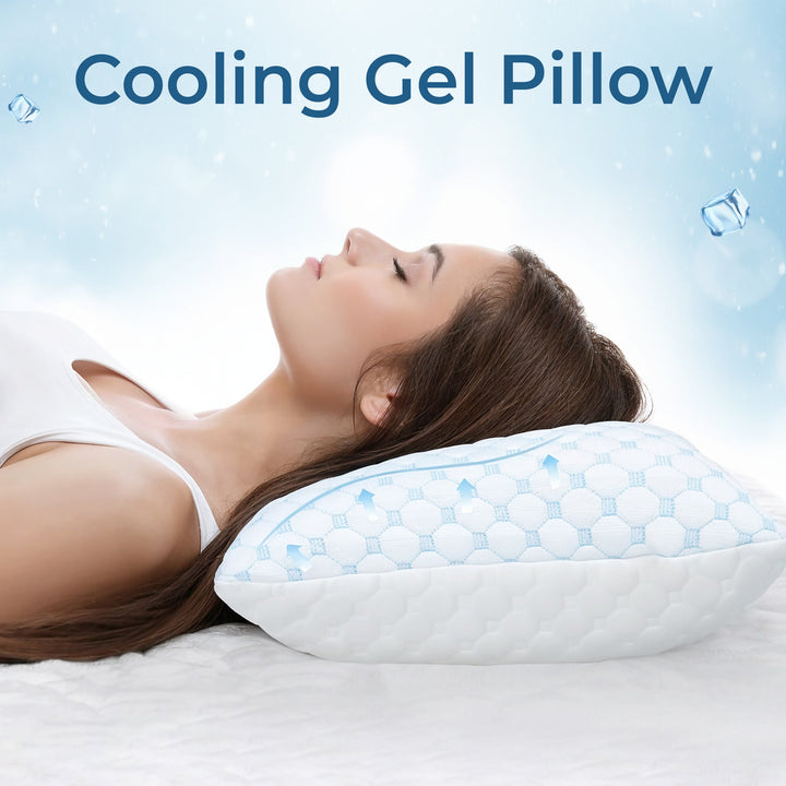 Gel pillow with ergonomic design offering back pain relief & neck support for restful, cool sleep.