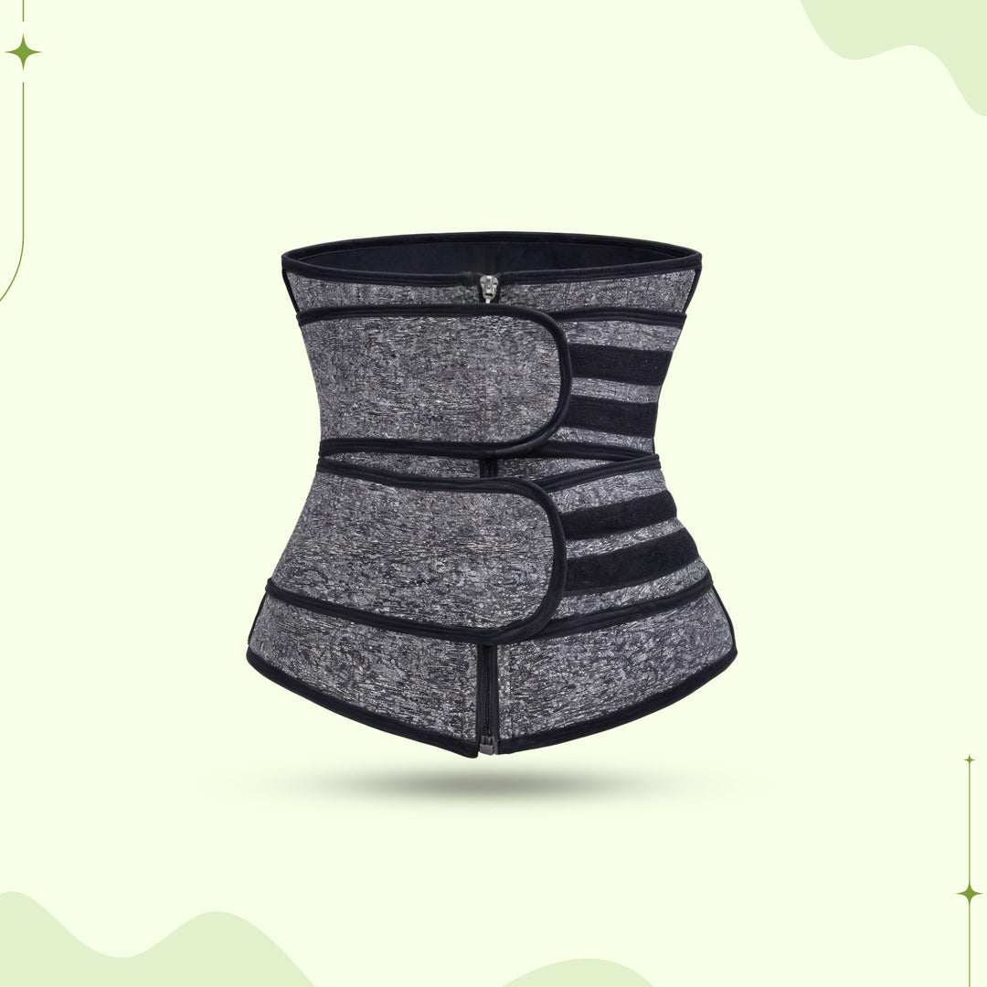 Woman wearing black waist trainer body shaper, enhancing curves & providing firm tummy control.