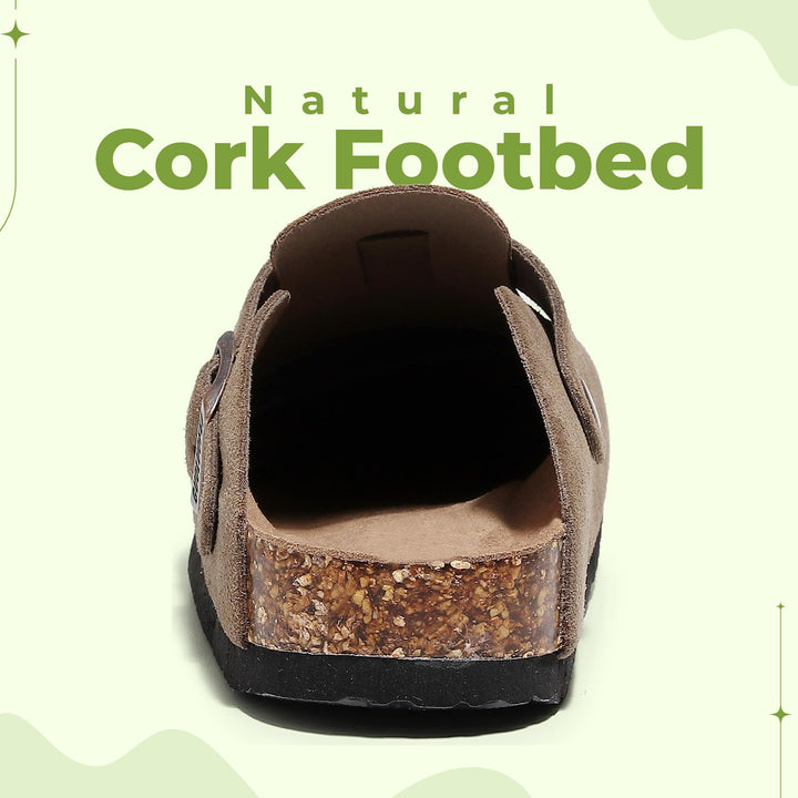 Brown women's cork clogs, comfortable slip-on sandals for casual wear.