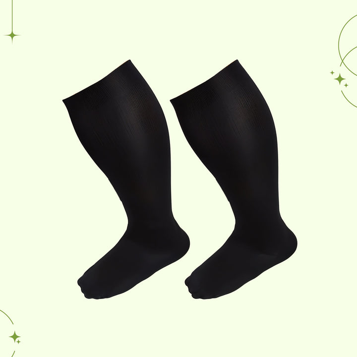Therapeutic wide calf compression socks for effective leg support, comfort & fatigue prevention.