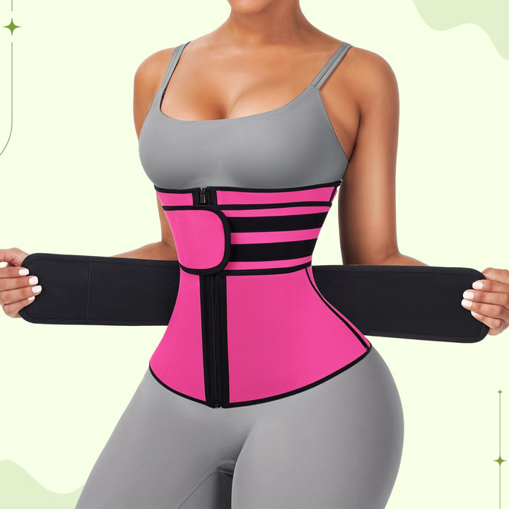 Close-up of adjustable women's waist trainer body shaper, ensuring customizable compression.