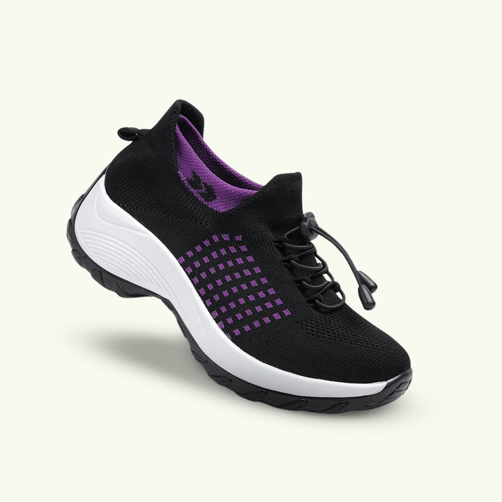 Close-up of stretch fabric women's comfort shoes, highlighting flexible design and supportive fit.