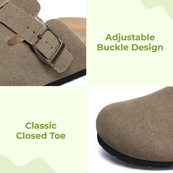 Side view of women's classic cork clogs, ideal comfort shoes with a sturdy design.