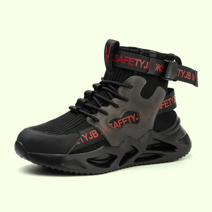 Side profile of unisex ultra-light breathable steel toe safety shoes for industrial use.