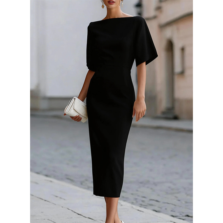 Chic red boat neck short sleeve midi dress for women, an elegant bodycon style for parties, brunches, or evening events.