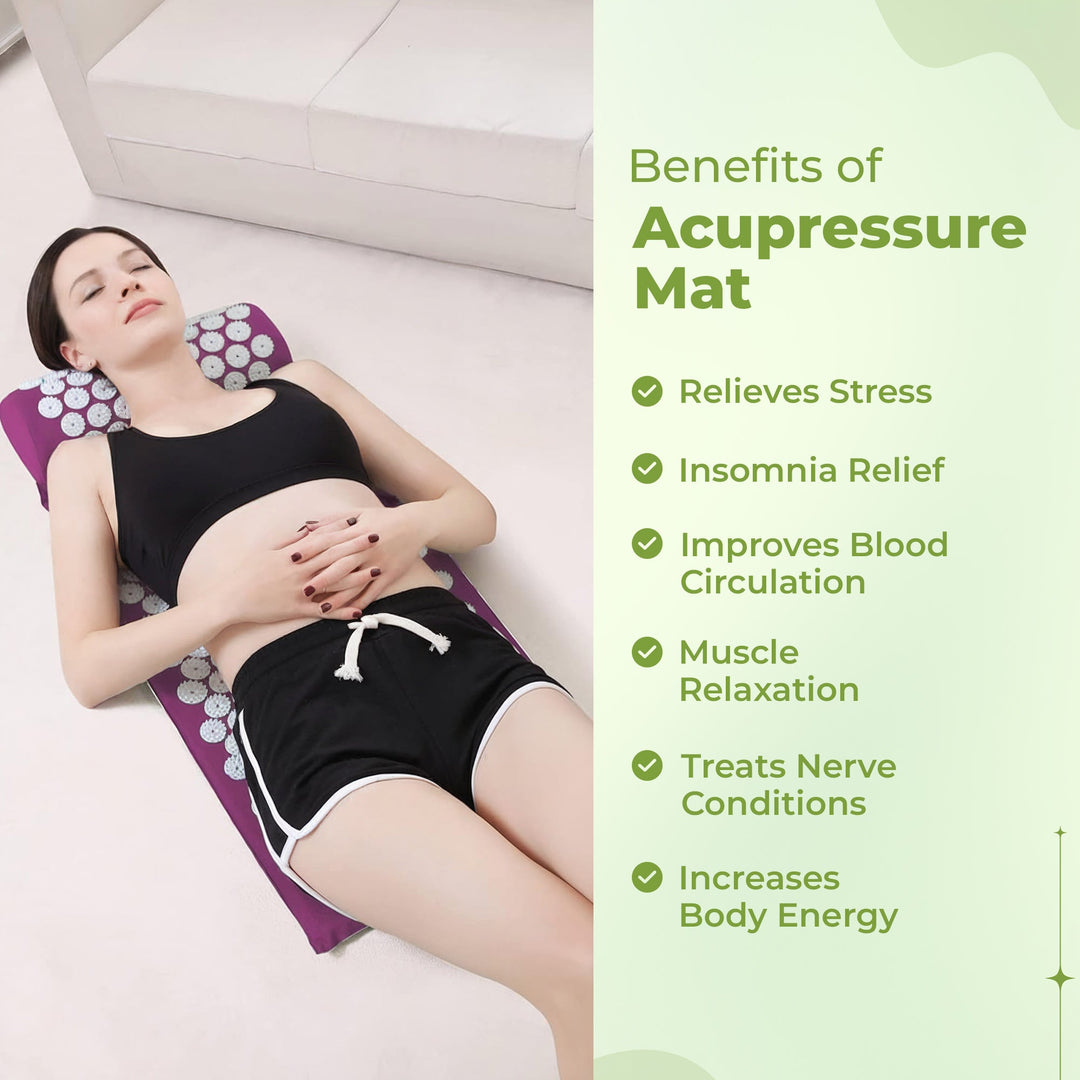 Acupressure Mat & Pillow enhancing yoga & wellness routine. Relieves back & muscle pain for improved comfort.