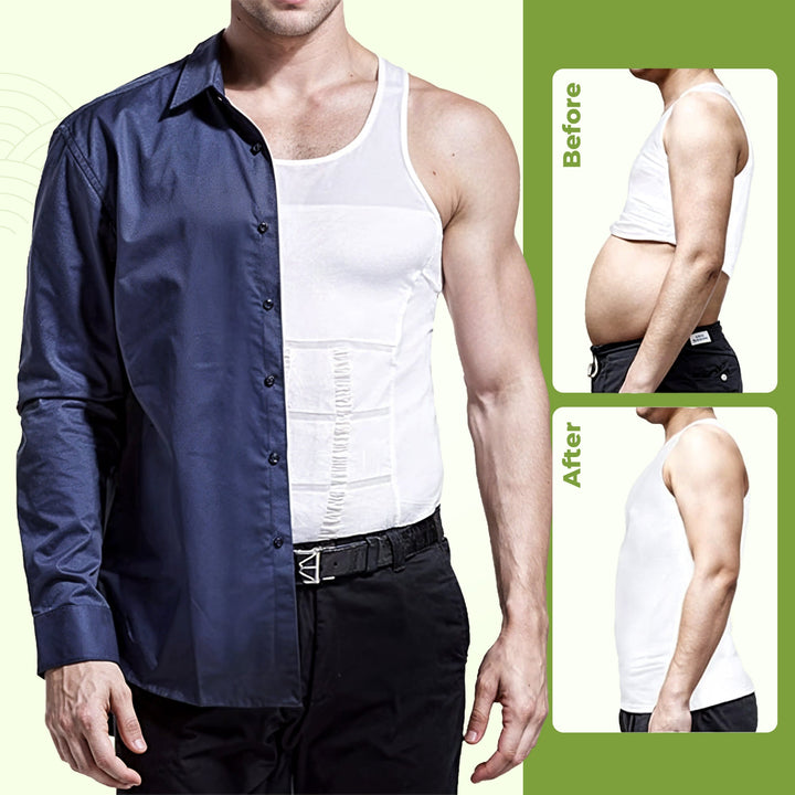 Men's discreet compression undershirt offering slimming effect, posture support & body shaping.