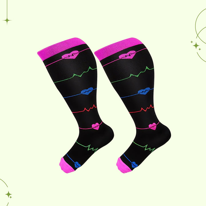 Durable wide calf compression socks for travel & running, providing comfort & vital leg support.