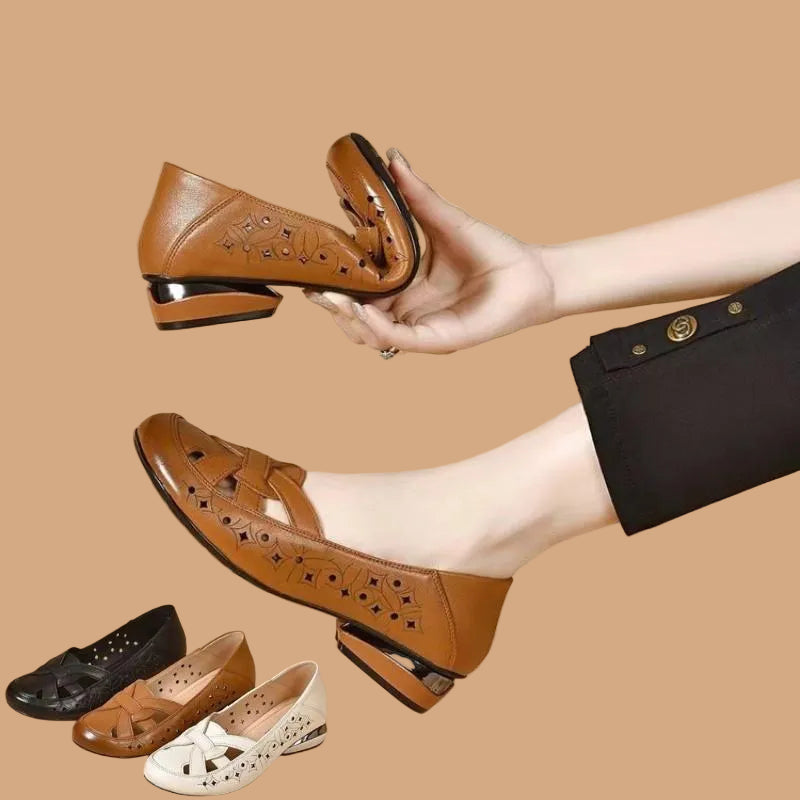 Brown women's slip-on loafers with a comfortable block heel for versatile style, perfect for work or casual.