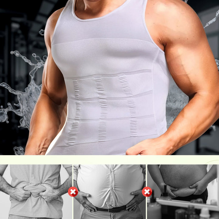 Men's activewear compression undershirt supports muscles during fitness, enhances physique.