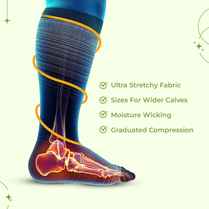 Unisex wide calf compression socks for all-day leg support, comfort & swelling relief.