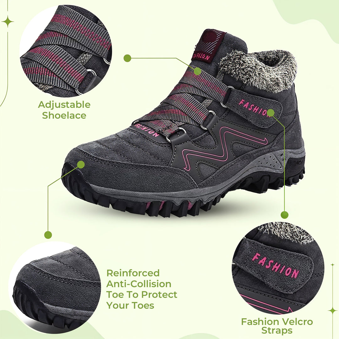 Grey pink women's winter walking shoes, warm & comfortable for outdoor use.