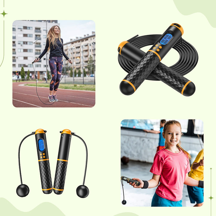 Smart digital jump rope with adjustable length, tracking fitness, calorie burn, and workouts.