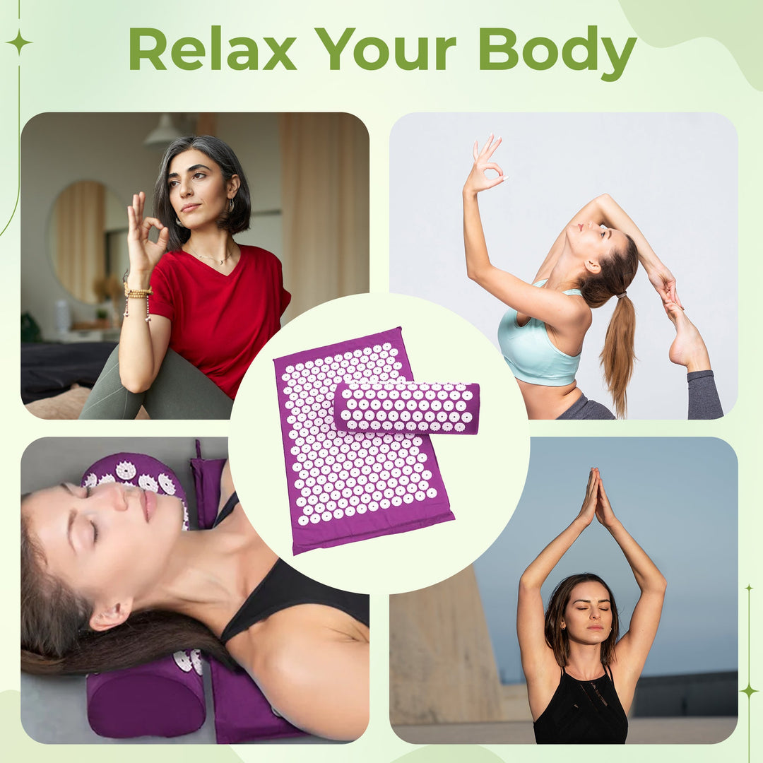 Person relaxing on Acupressure Mat for back pain, muscle relief, & stress reduction. Promotes daily comfort.