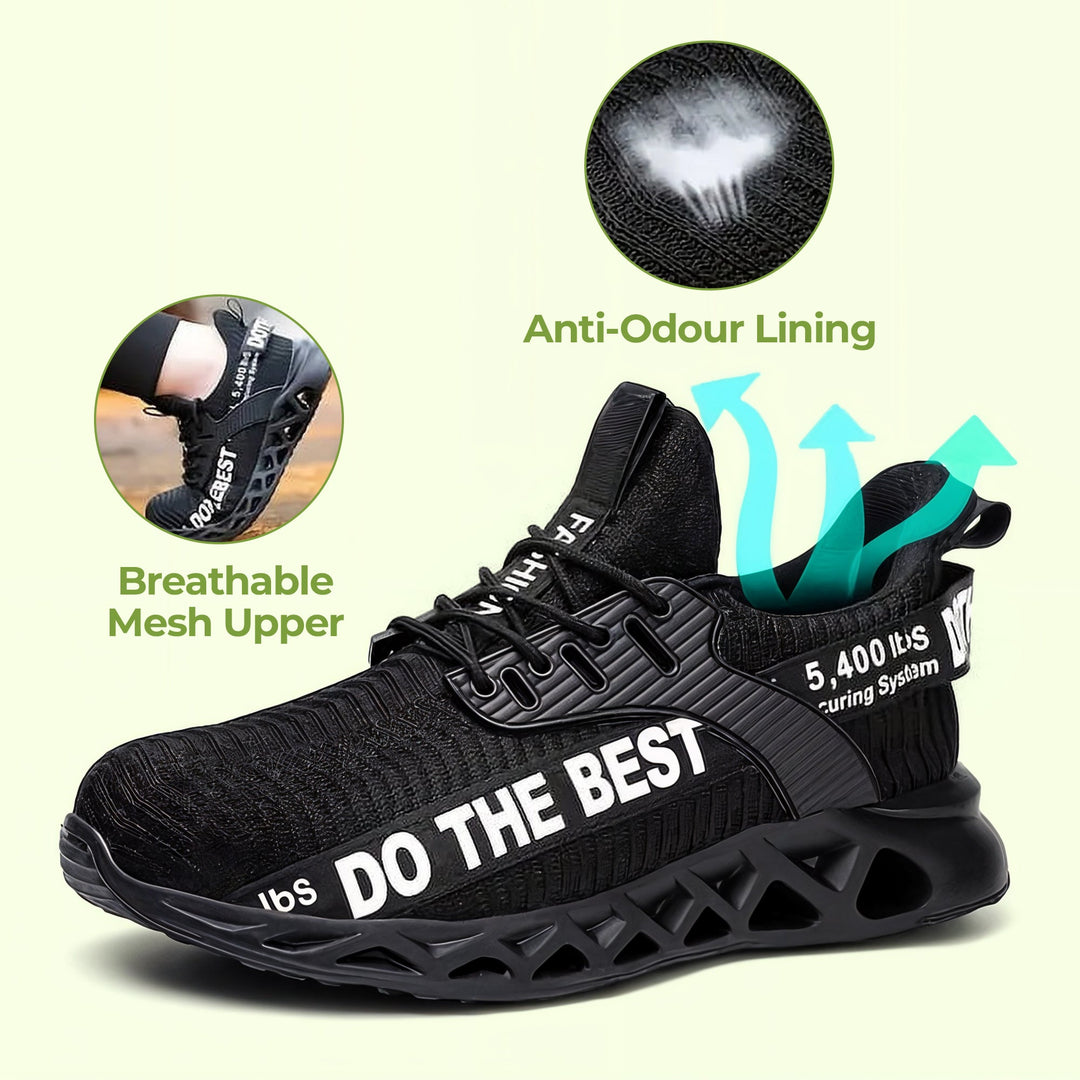Ultra-light breathable safety work shoes with advanced steel toe protection.
