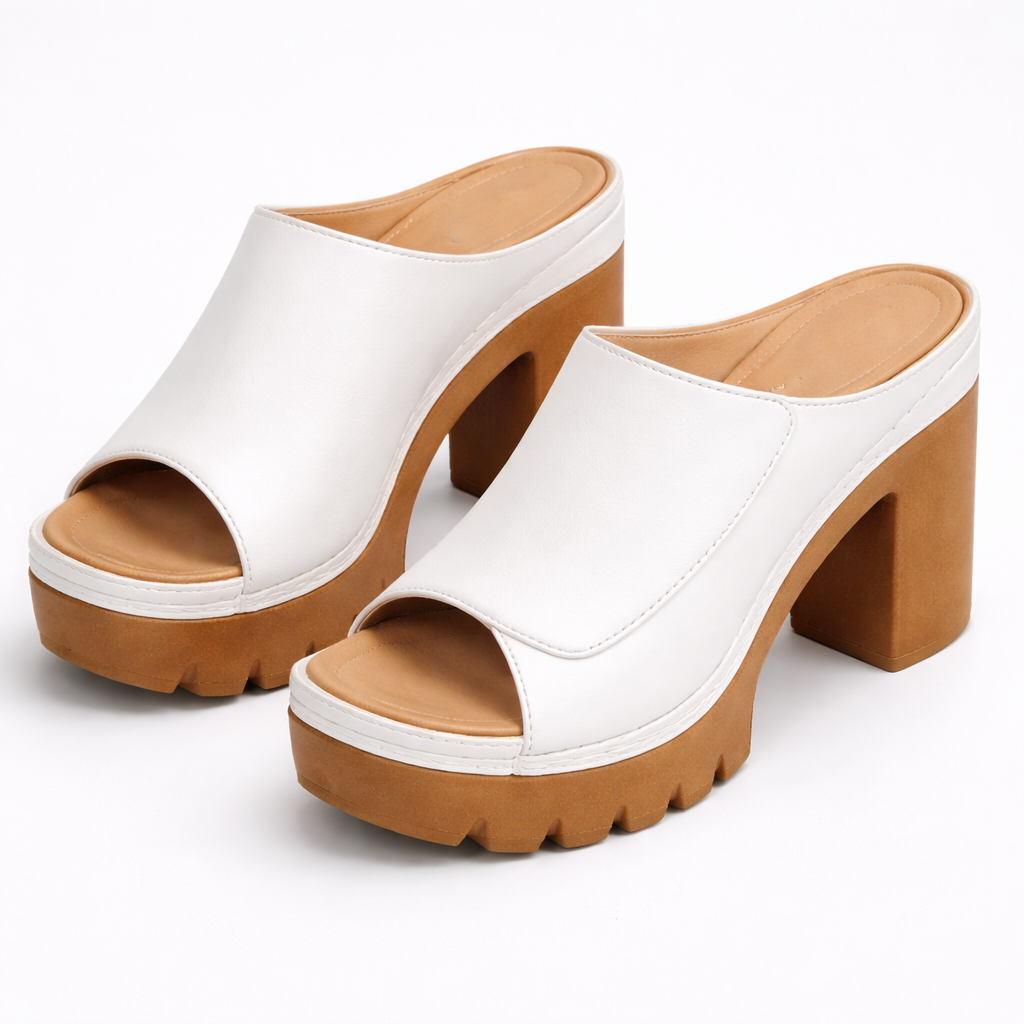 Stable block-heel platform mule sandals for women. Elegant slip-on design, perfect comfortable summer footwear.