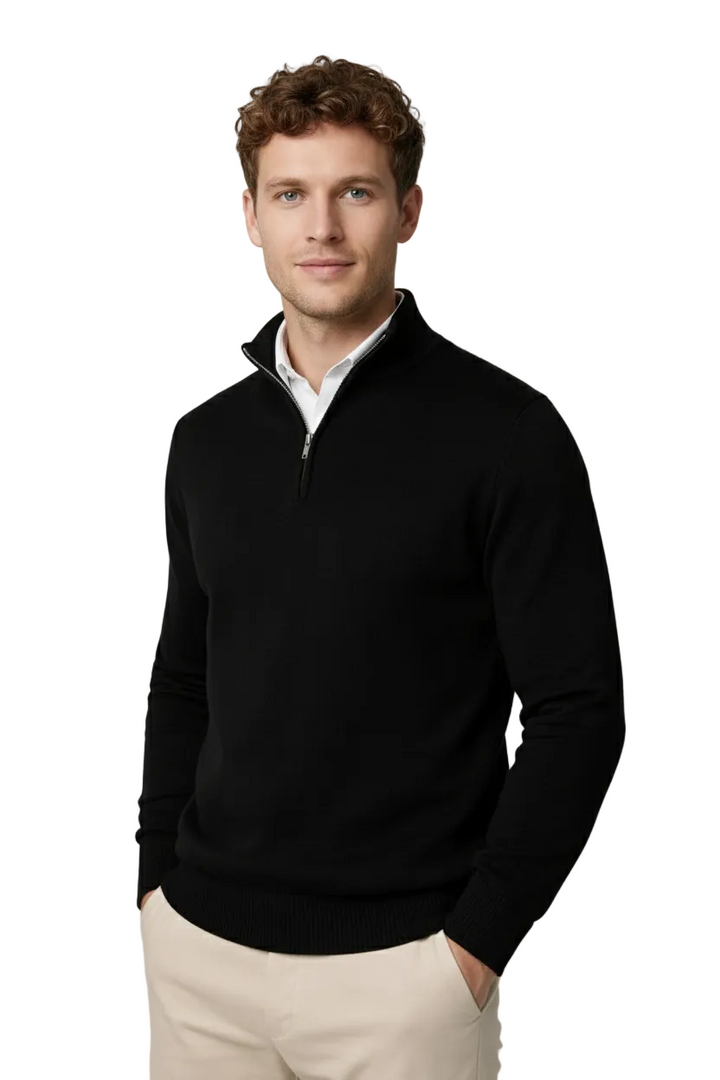 Women's modern half-zip high neck sweater, perfect for versatile fall & winter layering.