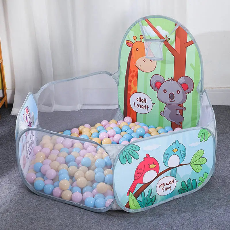 Kids' foldable ball pit tent with basketball hoop for indoor/outdoor toddler play & motor skills.