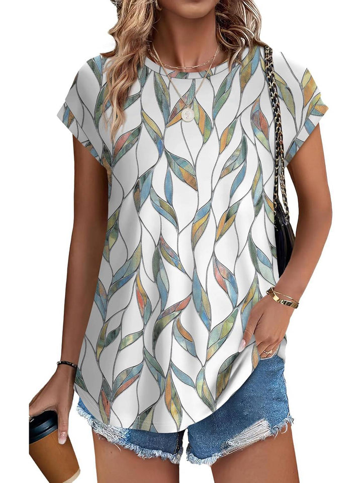 Women's vibrant floral printed short sleeve casual blouse.