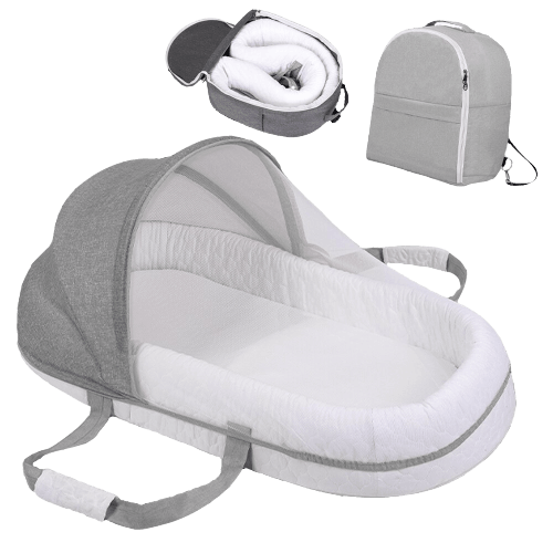 Unisex foldable baby nest bed with mosquito net for safe infant sleep. Portable travel crib for newborns.