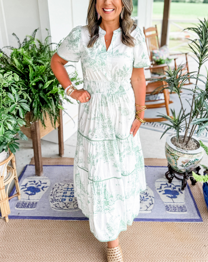 Flowing toile gown for women. Elegant party dress or comfortable wear, featuring a classic toile print.