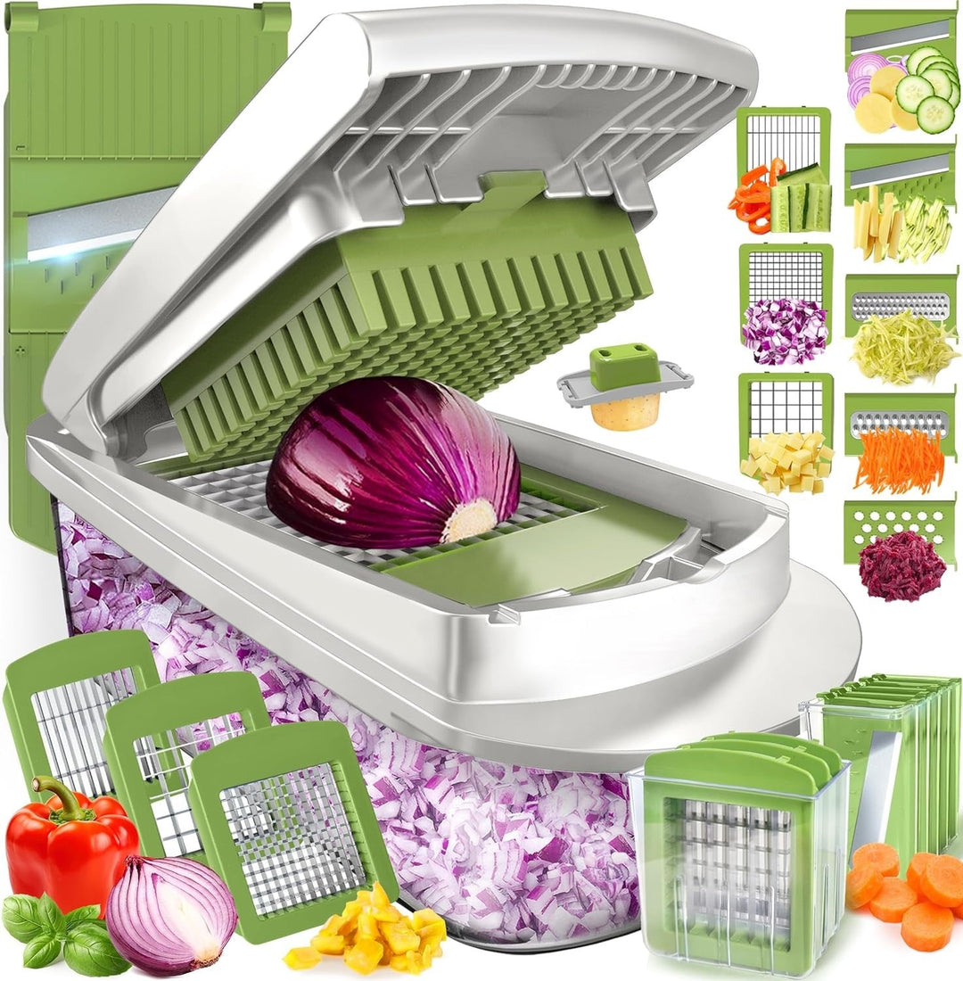 Grey & green 10-in-1 vegetable slicer for efficient meal prep, quickly chopping, dicing, and grating veggies.