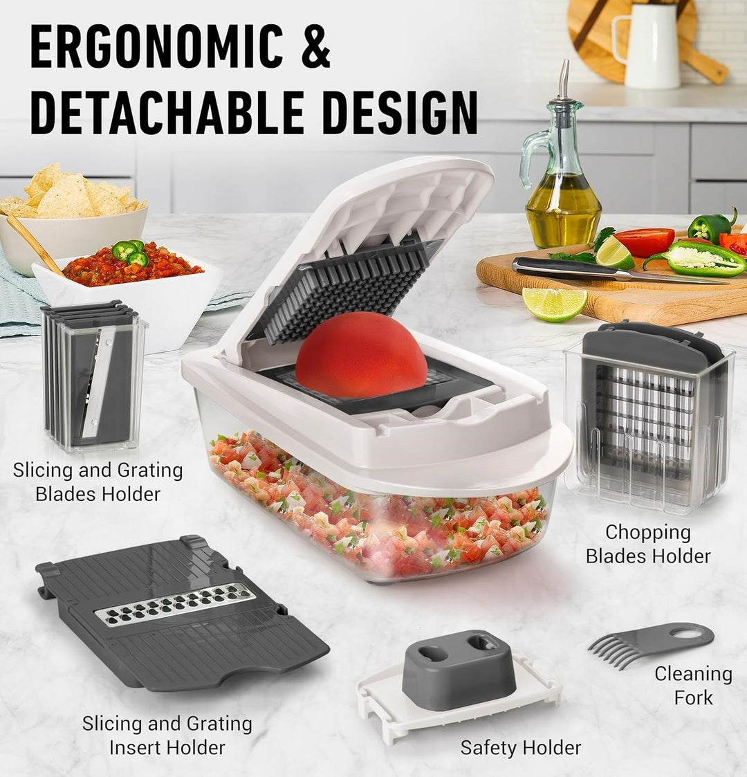 Versatile kitchen tool: 10-in-1 vegetable slicer with 8 sharp blades for various cutting, grating, and chopping tasks.