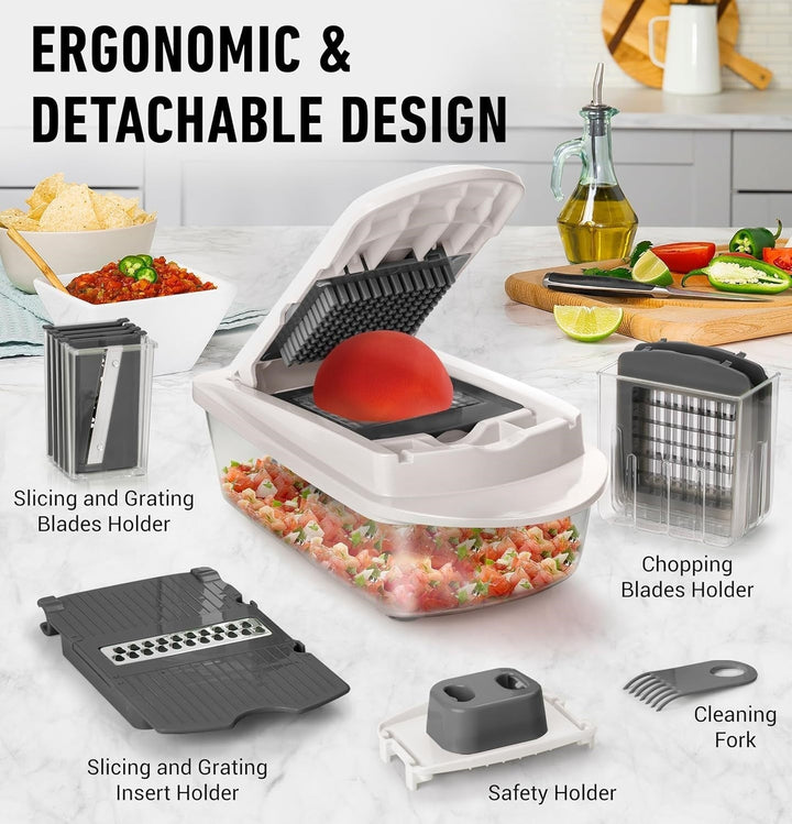 Versatile kitchen tool: 10-in-1 vegetable slicer with 8 sharp blades for various cutting, grating, and chopping tasks.