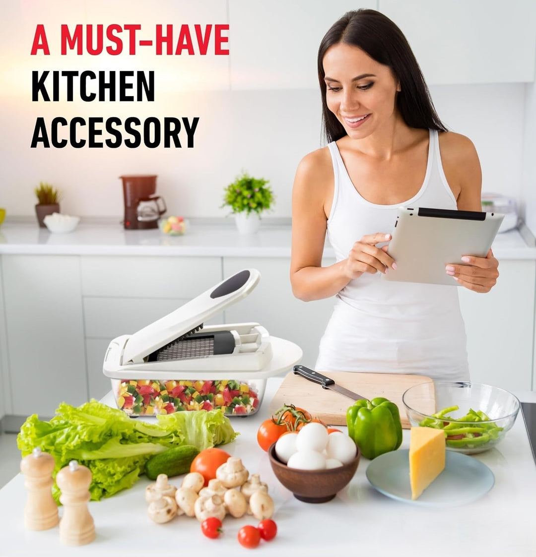 Grey and green 10-in-1 vegetable slicer, a complete kitchen gadget for healthy eating, meal prep, and dicing.