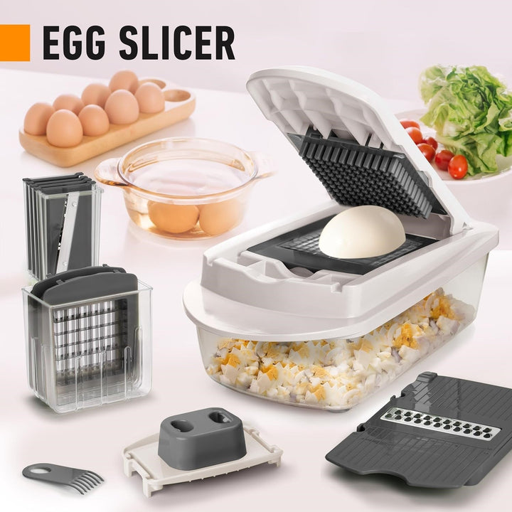 Efficient cooking with 10-in-1 vegetable slicer; quickly dicing, chopping, and grating fresh produce for healthy meals.