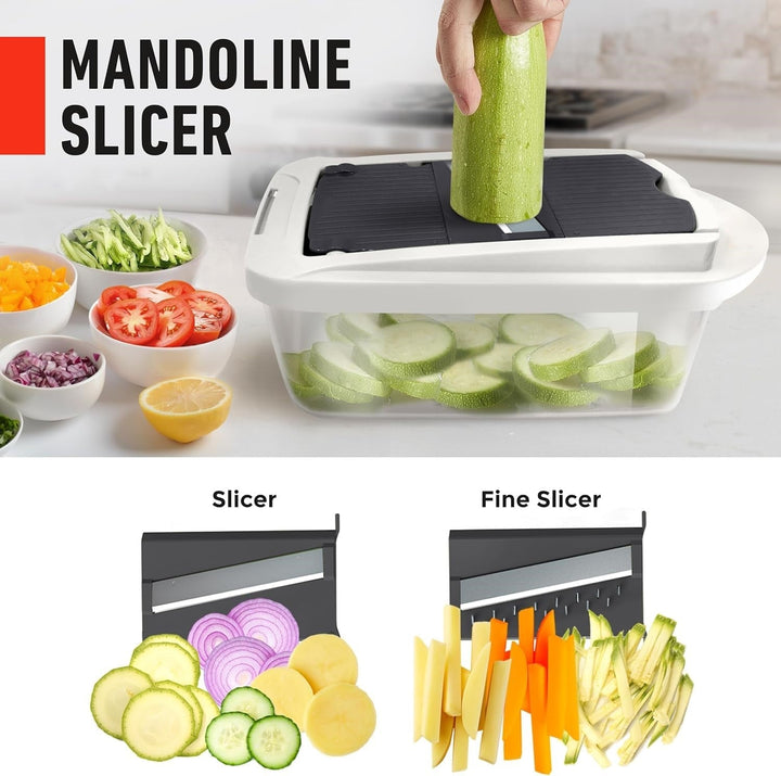 Multi-functional 10-in-1 vegetable slicer with 8 blades; perfect for dicing, slicing, chopping, and grating vegetables.