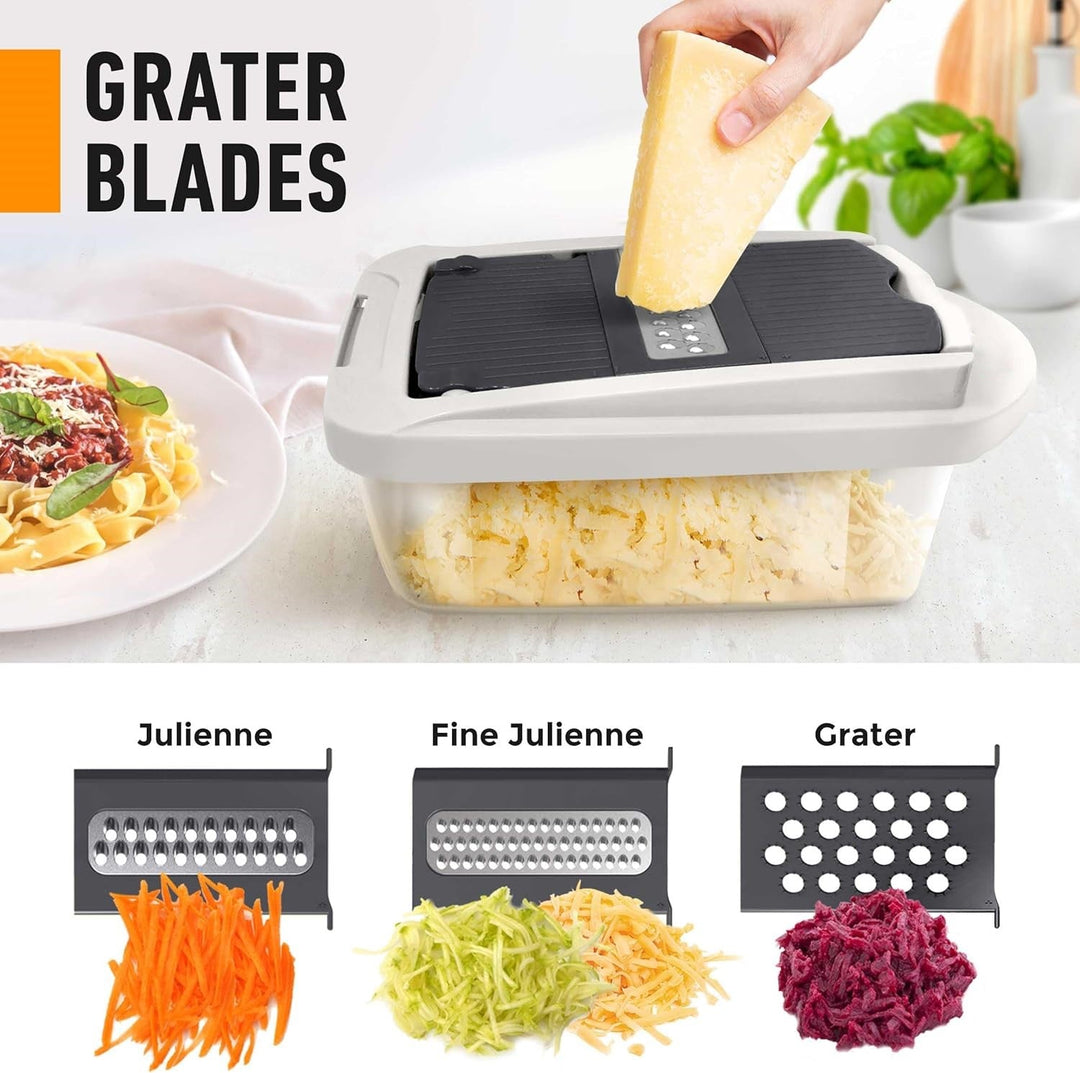 Essential kitchen tool: 10-in-1 vegetable slicer, chopper, and grater for easy and fast meal preparation.