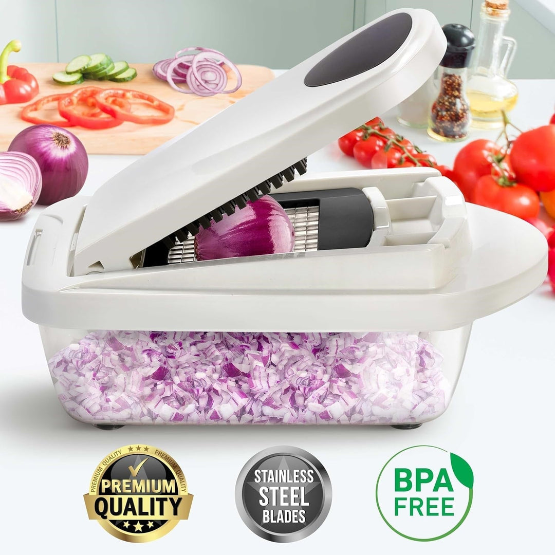 Compact 10-in-1 vegetable slicer with 8 blades for dicing, grating, & chopping; a must-have kitchen gadget.