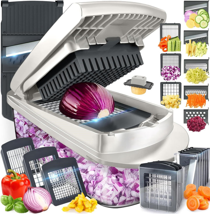10-in-1 vegetable slicer with 8 interchangeable blades for fast food prep, dicing, chopping, and grating.