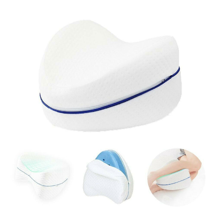 Memory foam leg pillow for side sleepers, offering joint support & relief from hip & back pain.