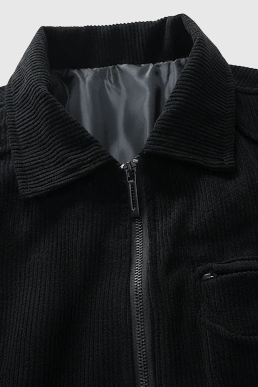 Classic men's black corduroy jacket, stylish casual outerwear with button details, perfect for fall outfits.