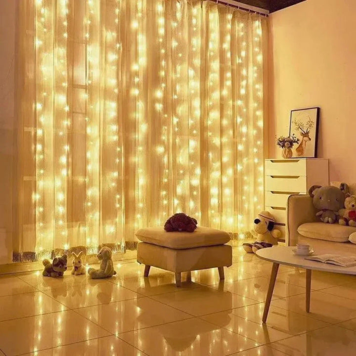 Ambient warm LED curtain lights for bedroom decor, living room, or festive outdoor settings.