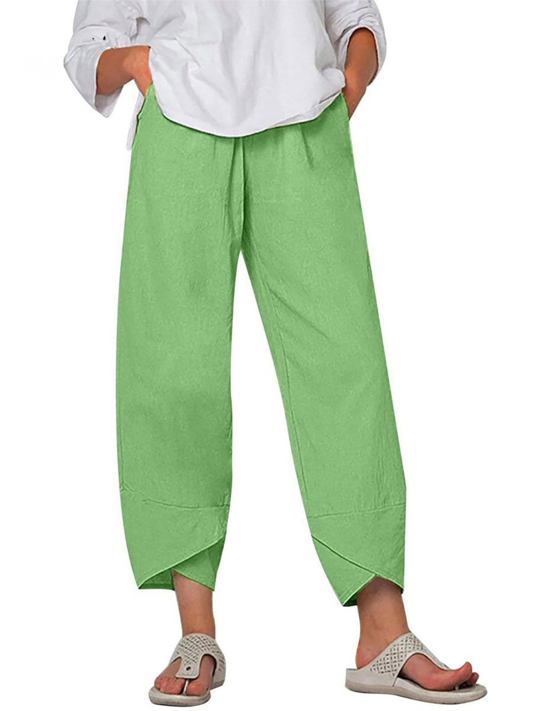 Lightweight women's linen wide leg harem trousers, loose fit casual pants, ideal for spring & summer.