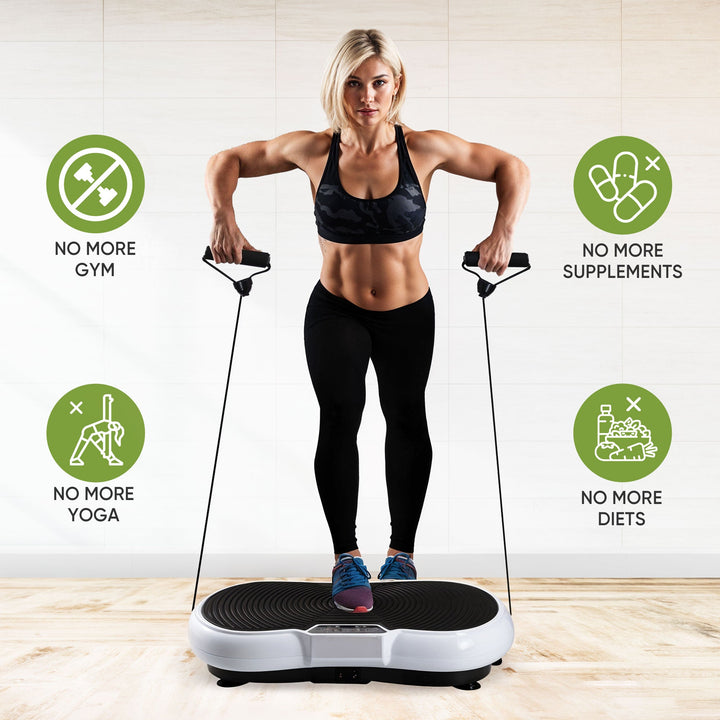 Compact vibration plate exercise machine with bands for effective weight loss & body toning at home.