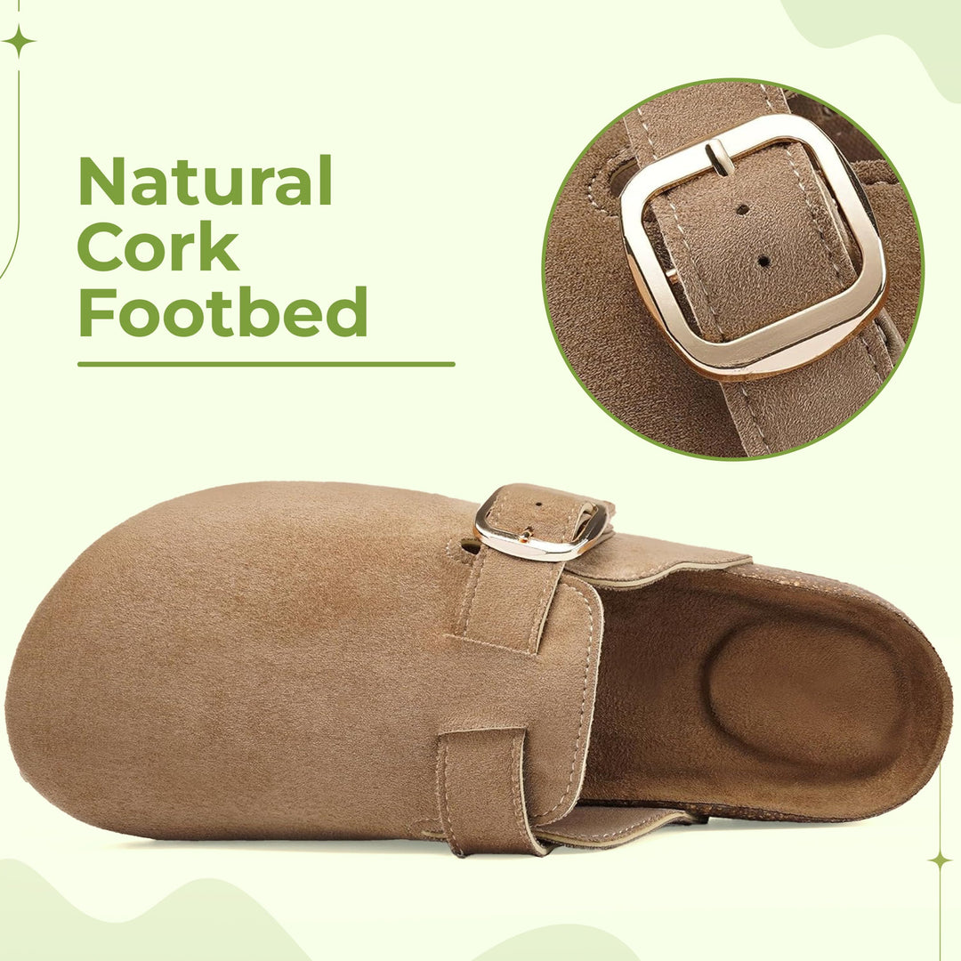Pair of women's comfort cork clogs, offering arch support for all-day wear.
