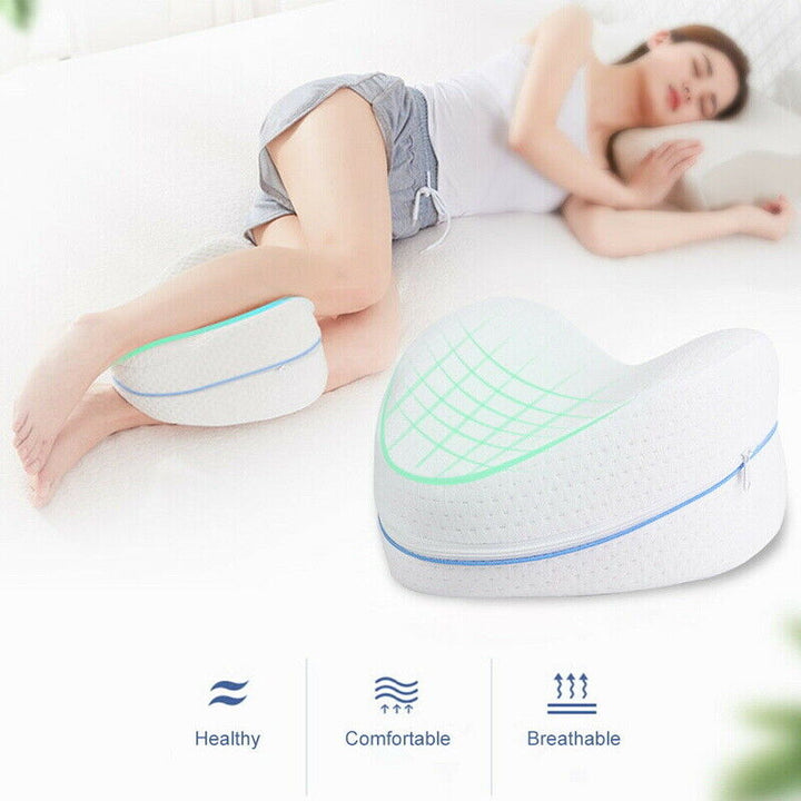 Therapeutic memory foam knee cushion, designed for side sleepers to alleviate joint discomfort.