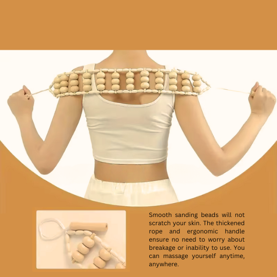 Wood therapy set with roller, mushroom, & scraper tools for deep tissue massage & muscle relief.