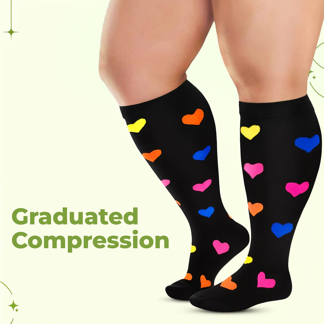 Wide calf compression socks designed for fatigue relief, better circulation & active recovery.