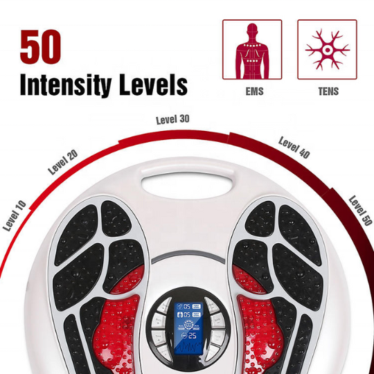 Close-up of Electric Foot Massager's controls for TENS/EMS circulation stimulation.