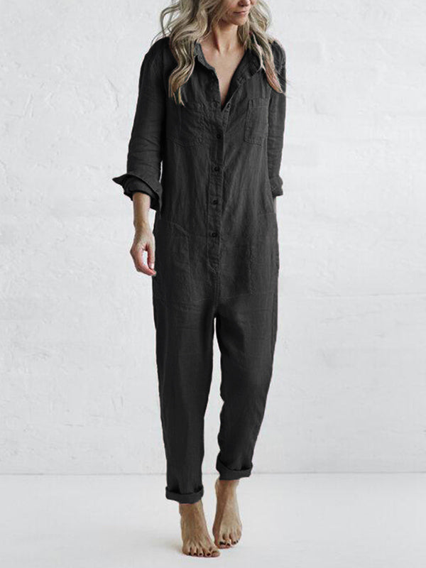 Comfortable & chic women's one-piece long sleeve jumpsuit with button-front and relaxed fit.