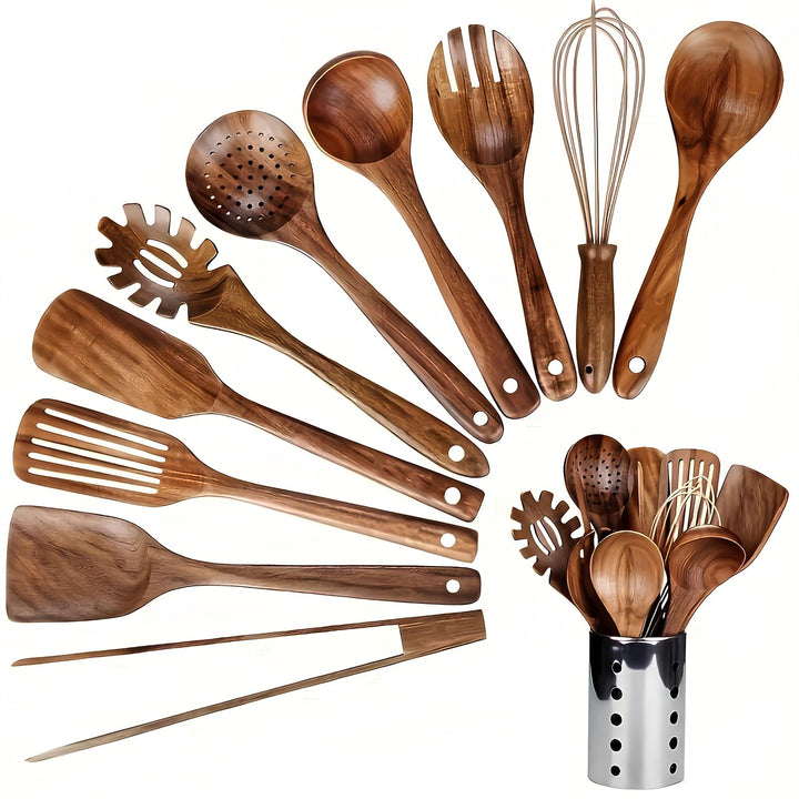 11-piece natural teak wood kitchen utensil set with holder. Eco-friendly wooden cooking tools for a brown kitchen.